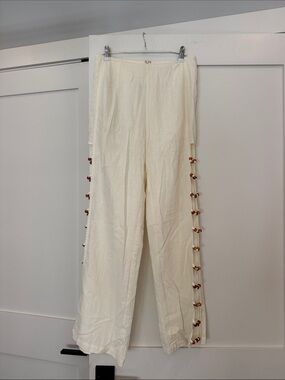 Cream Wide-Leg Pants with Beaded Side Trim
